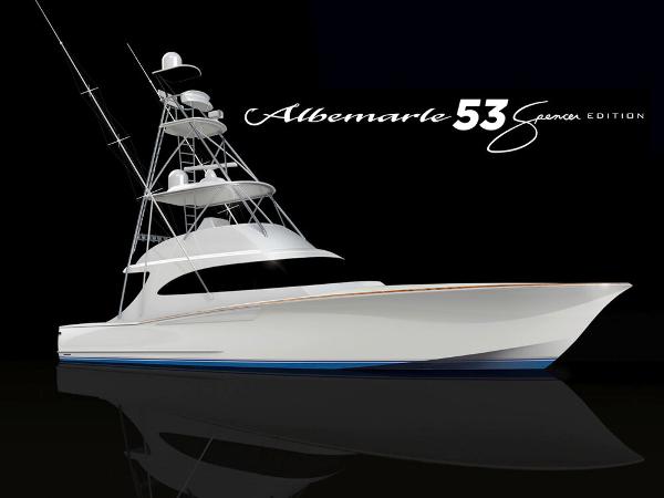 Slide: The Image of 2025 Albemarle 53 yacht, side view, sleek design, dark background. - 1