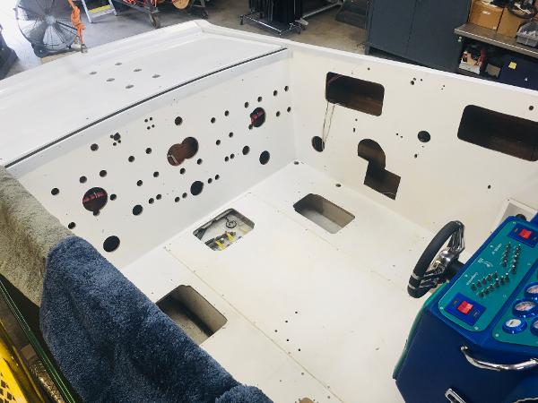Slide: The Image of 1991 Apache POKER RUN CUSTOM boat interior under restoration in a workshop. - 26
