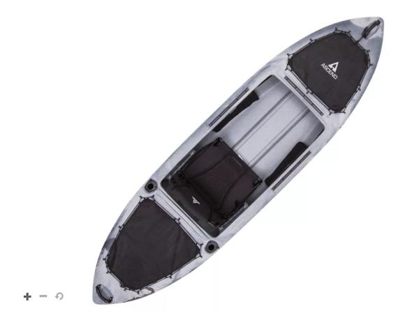 Slide: The Image of 2021 Ascend H10 Hybrid Sit-In kayak, top view, gray with black seat and storage areas. - 2