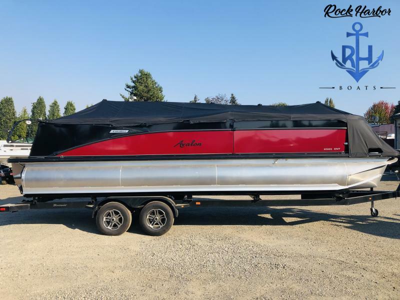Slide: The Image of 2023 Avalon 2585 Catalina Entertainer pontoon boat on trailer at Rock Harbor Boats. - 9