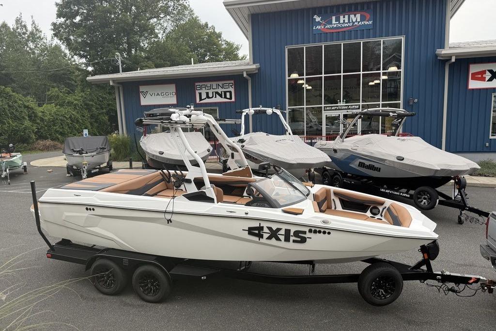 Slide: The Image of 2026 Axis A225 boat on trailer at Lake Hopatcong Marine dealership. - 0