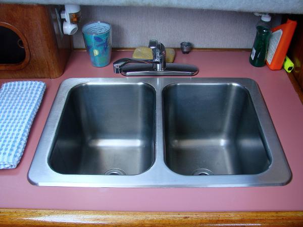 Slide: The Image of Stainless steel double sink on 1987 Bayliner 3888 Motoryacht with pink countertop. - 6