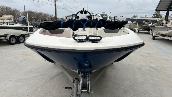 Slide: The Image of 2017 Bayliner Element E 18 boat on trailer, front view. - 1