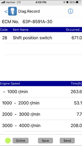 Slide: The Image of Diagnostic record screen showing shift position switch error and engine speed data for Bay Stealth 2030 Liner. - 7