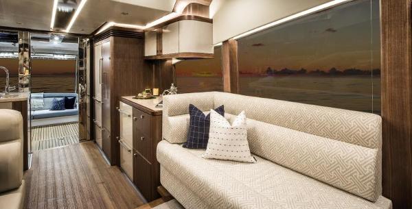 Slide: The Image of Luxurious interior of 2024 Belize 66 Sedan yacht with elegant seating and modern decor. - 10