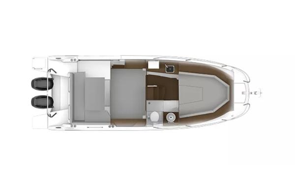 Slide: The Image of 2024 Beneteau Flyer 9 SUNdeck top view layout, featuring dual engines and cabin amenities. - 11