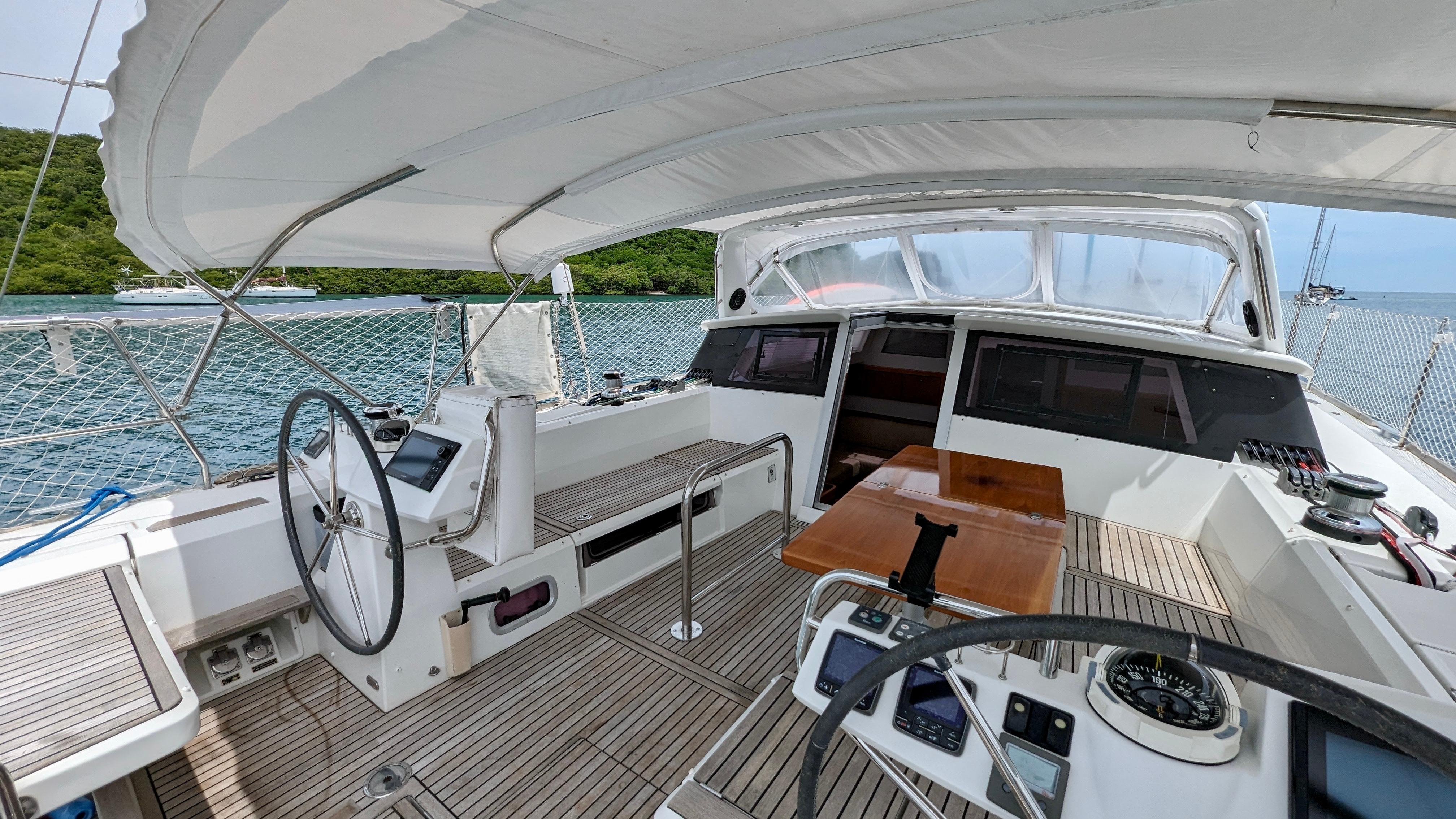 Slide: The Image of Cockpit view of 2015 Beneteau Sense 55 sailboat with dual helm and teak decking. - 27
