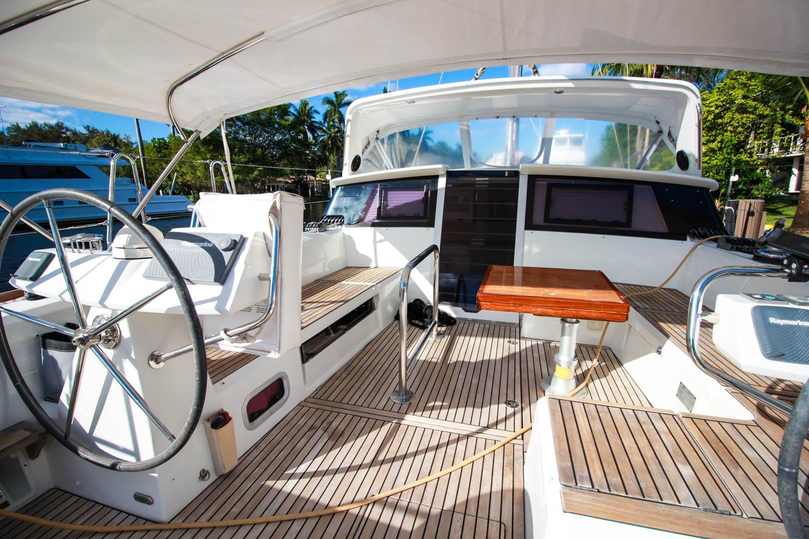 Slide: The Image of Cockpit of 2015 Beneteau Sense 55 yacht with dual steering wheels and wooden seating. - 6