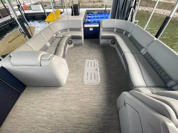 Slide: The Image of 2020 Bennington 30 QSBAX2 pontoon boat interior with spacious seating and modern design. - 46