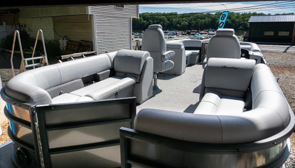 Slide: The Image of 2024 Bentley Pontoons 240 Navigator interior with plush seating and modern design. - 3