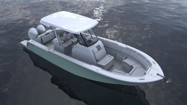 Slide: The Image of 2023 Bertram 28 CC boat on calm water. - 13