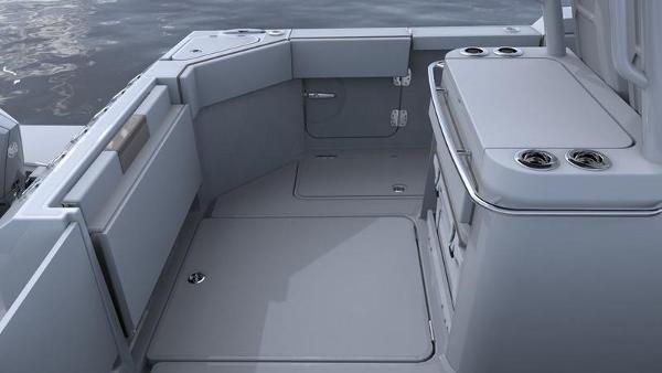 Slide: The Image of 2023 Bertram 28 CC boat interior, featuring a spacious deck and modern amenities. - 17