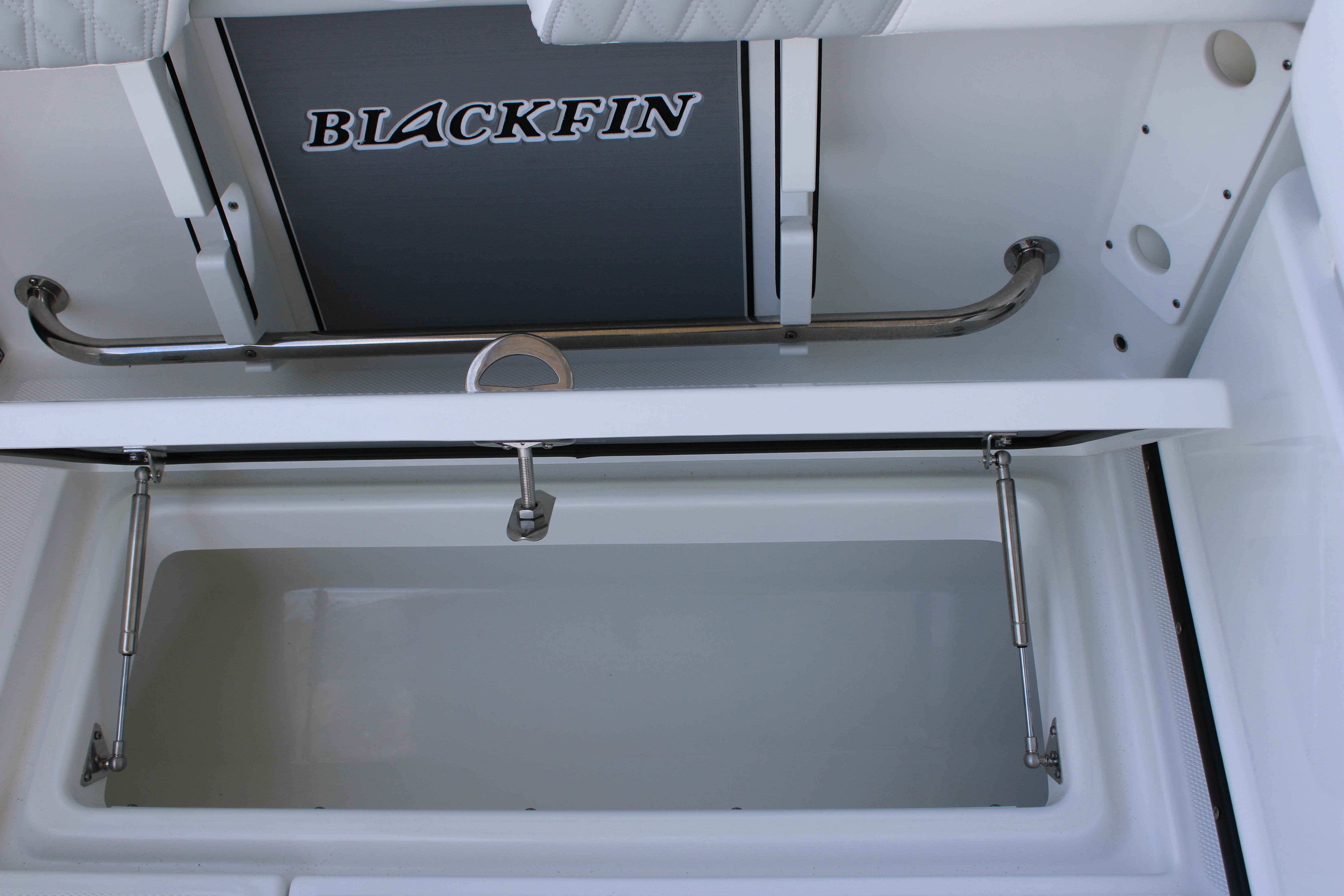 Slide: The Image of 2023 Blackfin 252 DC storage compartment with open lid and hydraulic support. - 14