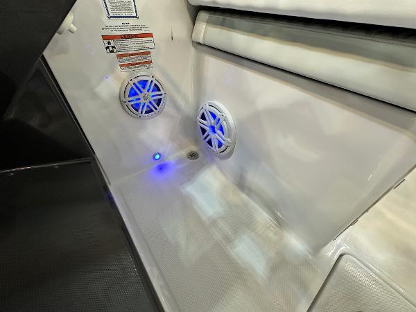 Slide: The Image of 2024 Blackfin 302 DC boat interior with blue LED lights and speakers. - 18