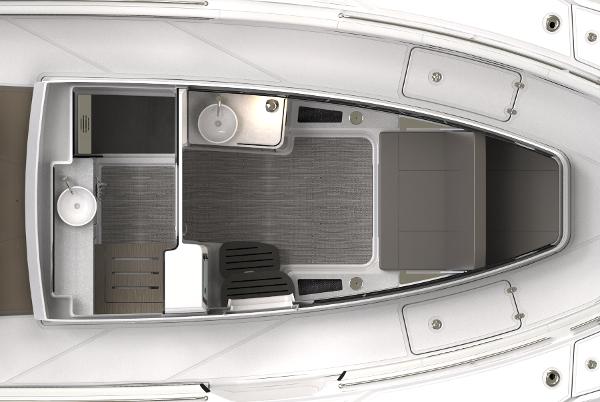 Slide: The Image of 2025 Blackfin 400 CC boat interior layout, featuring seating and storage areas. - 23