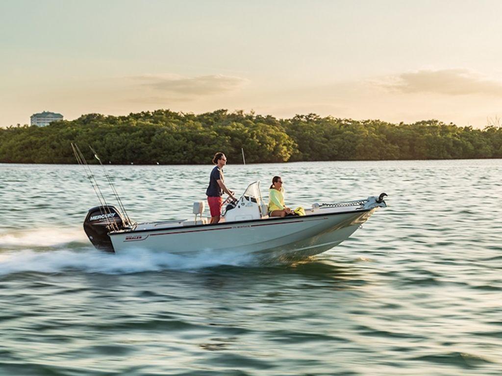 Slide: The Image of 2024 Boston Whaler 170 Montauk boat cruising on water at sunset. - 4