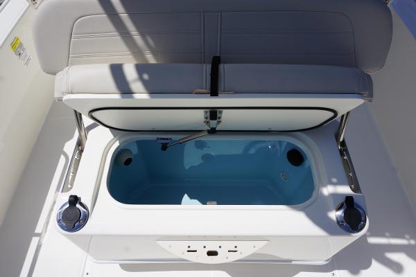 Slide: The Image of 2024 Boston Whaler 210 Montauk boat with open storage compartment. - 15