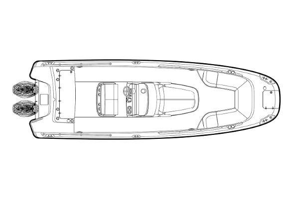 Slide: The Image of Top view line drawing of a 2021 Boston Whaler 270 Dauntless boat layout. - 32