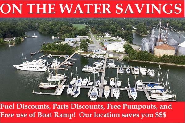 Slide: The Image of Boston Whaler 285 Conquest 2024 at marina offering fuel and parts discounts, free pumpouts, and boat ramp access. - 1