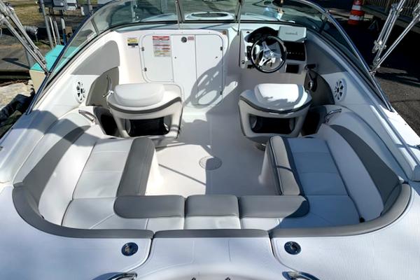 Slide: The Image of 2017 Campion Allante 595 Sport Cabin interior with white and gray seating. - 2