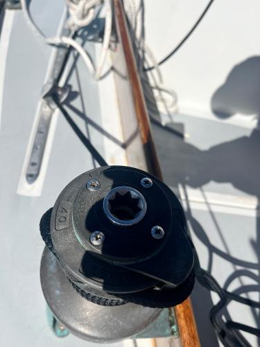 Slide: The Image of Winch on 1985 Cape Dory 270 sailboat deck with ropes and shadows. - 20