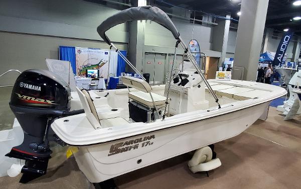 Slide: The Image of 2023 Carolina Skiff 17 LS boat with Yamaha VMAX outboard motor on display. - 0