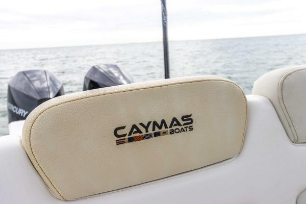 Slide: The Image of 2022 Caymas 281HB Center Console boat with dual Mercury engines. - 48