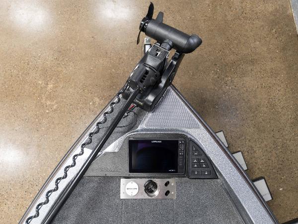 Slide: The Image of 2023 Caymas DV 20 boat bow with trolling motor and Lowrance fishfinder. - 3