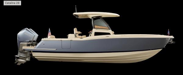 Slide: The Image of 2024 Chris-Craft Catalina 28 boat, side view, blue and beige color scheme. - 1