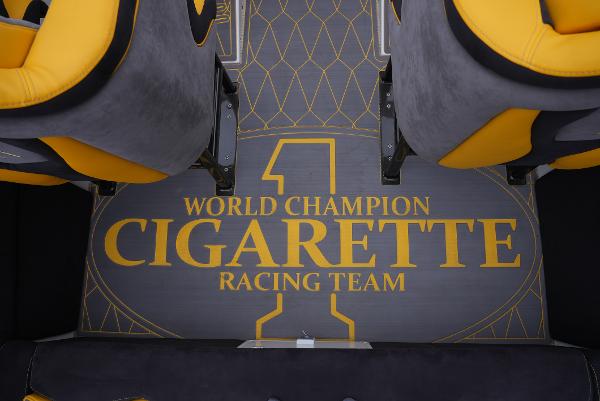 Slide: The Image of 2005 Cigarette 38 Top Gun boat interior with World Champion Racing Team logo. - 16