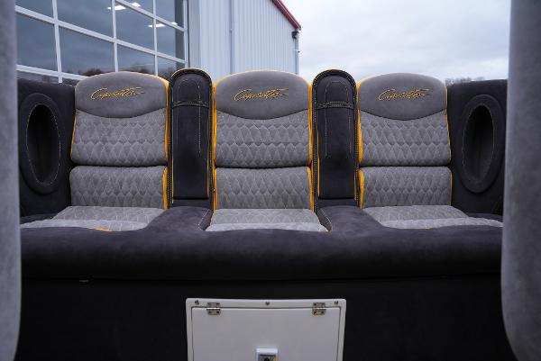 Slide: The Image of 2005 Cigarette 38 Top Gun boat interior seating with custom upholstery. - 17