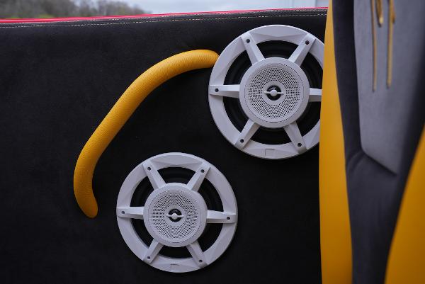 Slide: The Image of Close-up of 2005 Cigarette 38 Top Gun boat speakers and yellow handle. - 18