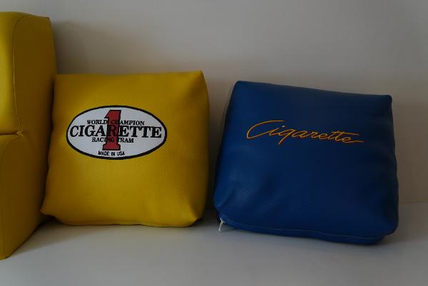 Slide: The Image of Yellow and blue cushions with Cigarette Racing Team logos, 2005 Cigarette 38 Top Gun. - 29