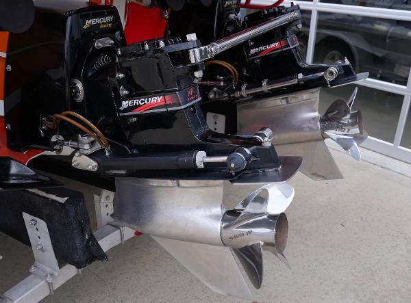 Slide: The Image of Close-up of Mercury outboard motors on a 2005 Cigarette 38 Top Gun boat. - 8