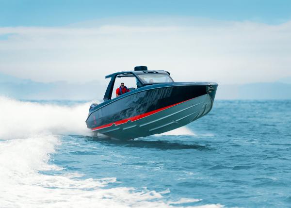 Slide: The Image of 2025 Cigarette 41 Nighthawk speedboat cruising on open water. - 1