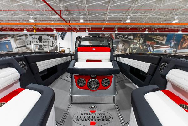 Slide: The Image of Interior of 2025 Cigarette 41 Nighthawk boat with luxurious seating and sound system. - 18