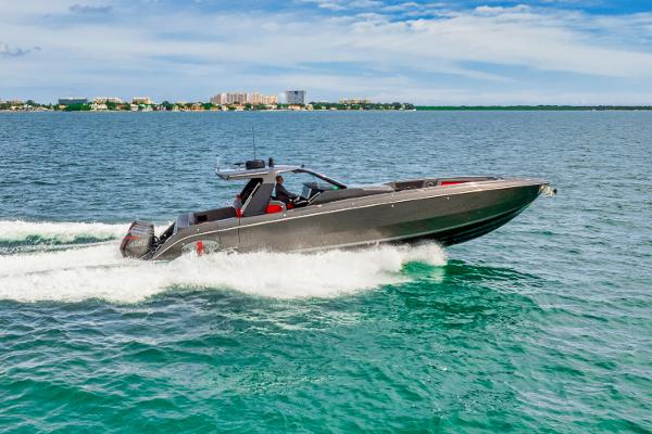 Slide: The Image of 2025 Cigarette 42 Nighteagle speedboat cruising on open water. - 12