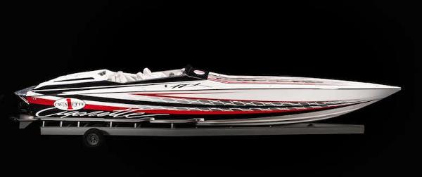 Slide: The Image of 2025 Cigarette 42' X speedboat with sleek design and vibrant graphics. - 0
