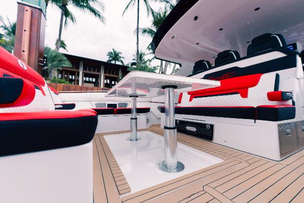 Slide: The Image of Luxury seating area on the 2025 Cigarette 52 Thunder boat. - 22