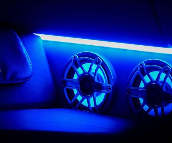 Slide: The Image of Blue LED-lit speakers in the 2024 Cigarette 59 Tirranna boat interior. - 6