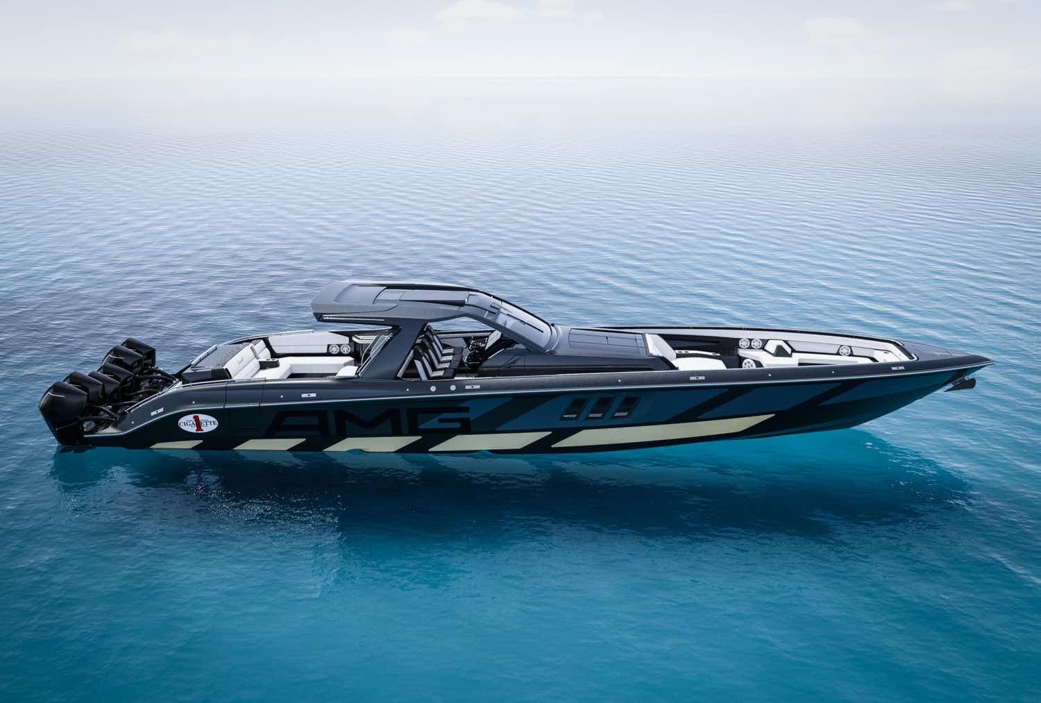 Slide: The Image of 2025 Cigarette 59 Tirranna luxury speedboat on calm blue water. - 0