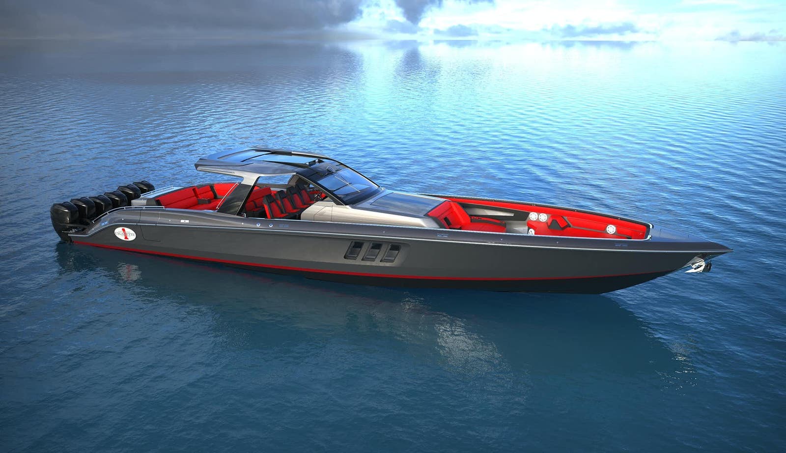 Slide: The Image of 2025 Cigarette 59 Tirranna luxury speedboat on calm blue water. - 2