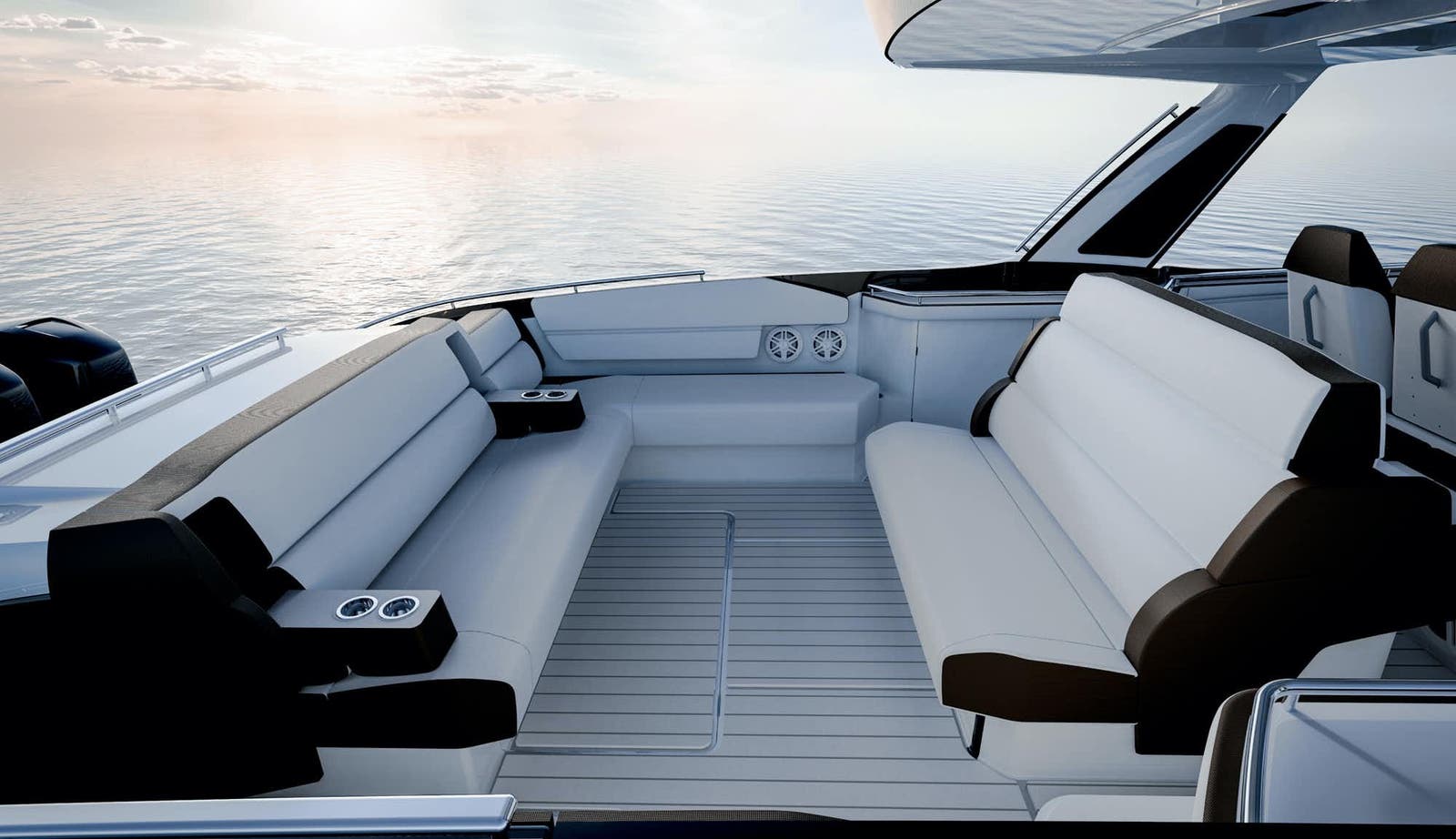 Slide: The Image of Luxurious seating area on the 2025 Cigarette 59 Tirranna boat. - 9