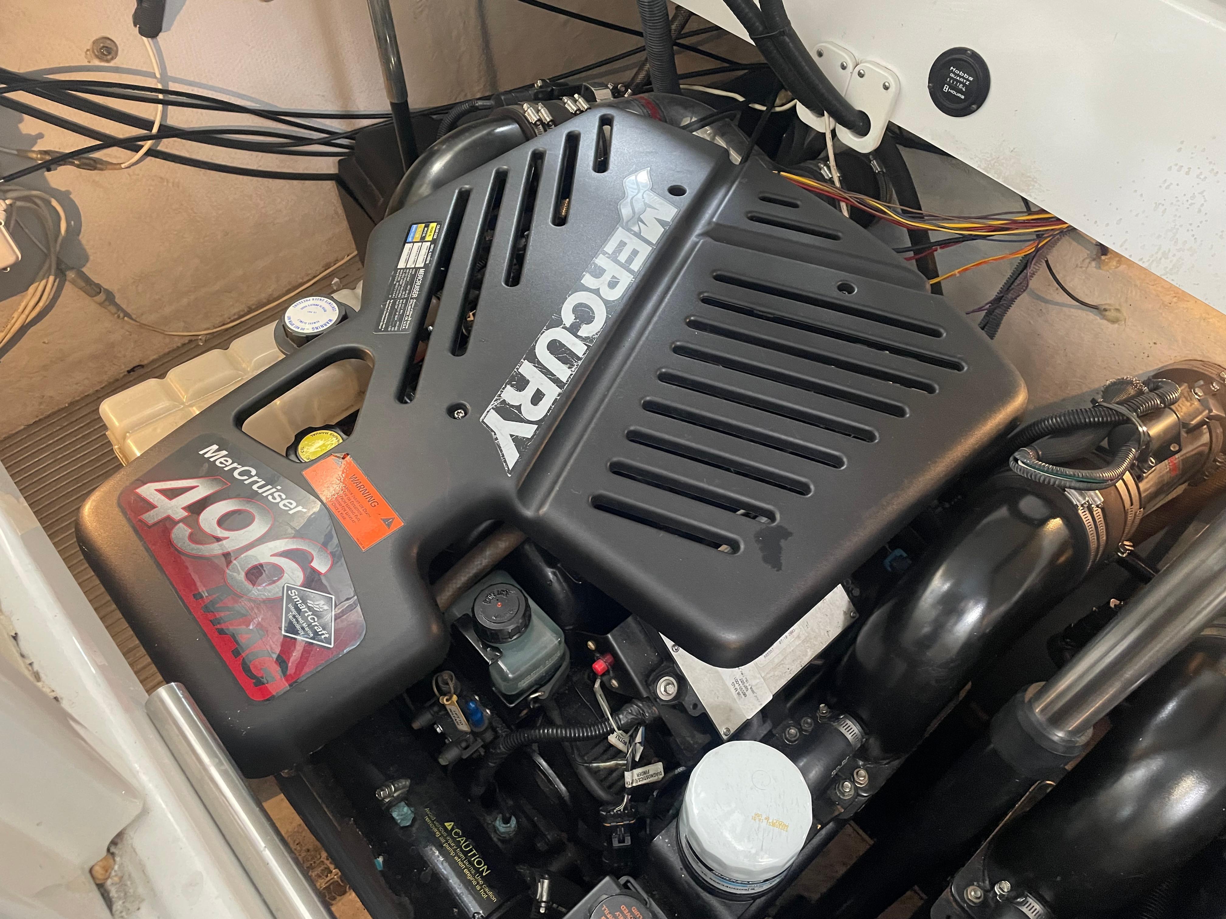 Slide: The Image of Mercury MerCruiser 496 MAG engine in 2004 Cobalt 360 boat, detailed view. - 28
