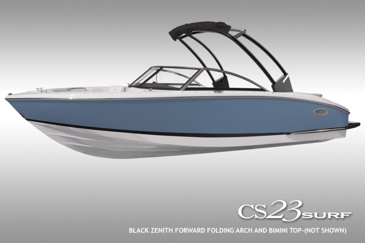 Slide: The Image of 2023 Cobalt CS23 Surf boat with black zenith forward folding arch. - 18