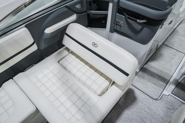 Slide: The Image of Luxurious interior seating of 2021 Cobalt R5 Surf boat with elegant white upholstery. - 17