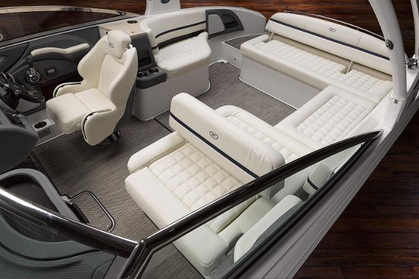 Slide: The Image of Manufacturer Provided Image: 2020 Cobalt R7 Surf boat interior with luxurious white seating and modern design. - 10