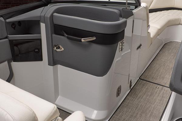 Slide: The Image of Manufacturer Provided Image: 2020 Cobalt R7 Surf boat interior with gray and white seating and sleek design. - 11