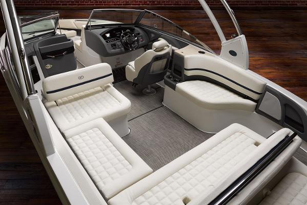 Slide: The Image of Manufacturer Provided Image: 2020 Cobalt R7 Surf boat interior with luxurious white seating and modern dashboard. - 8