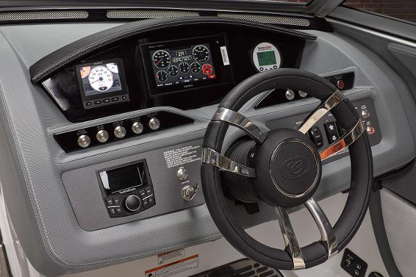 Slide: The Image of Manufacturer Provided Image: 2020 Cobalt R7 Surf boat dashboard with steering wheel and control panel. - 9